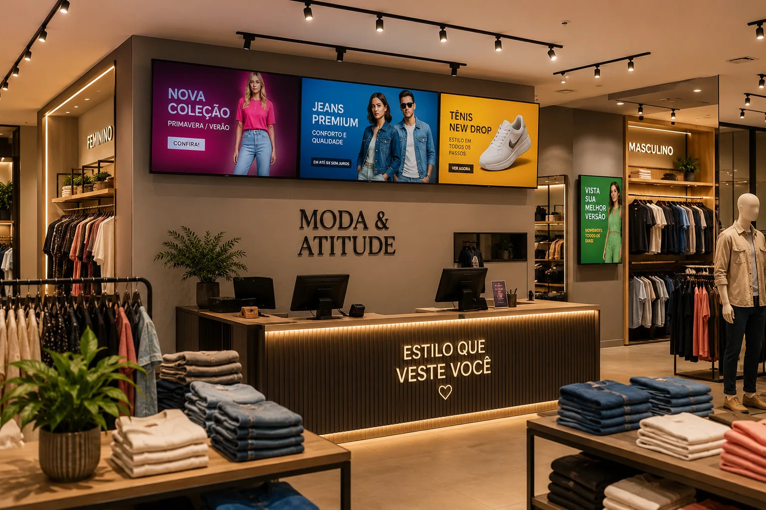 Campanhas de coleção, jeans e calçados exibidas pelo MyShow nas telas de uma loja de moda