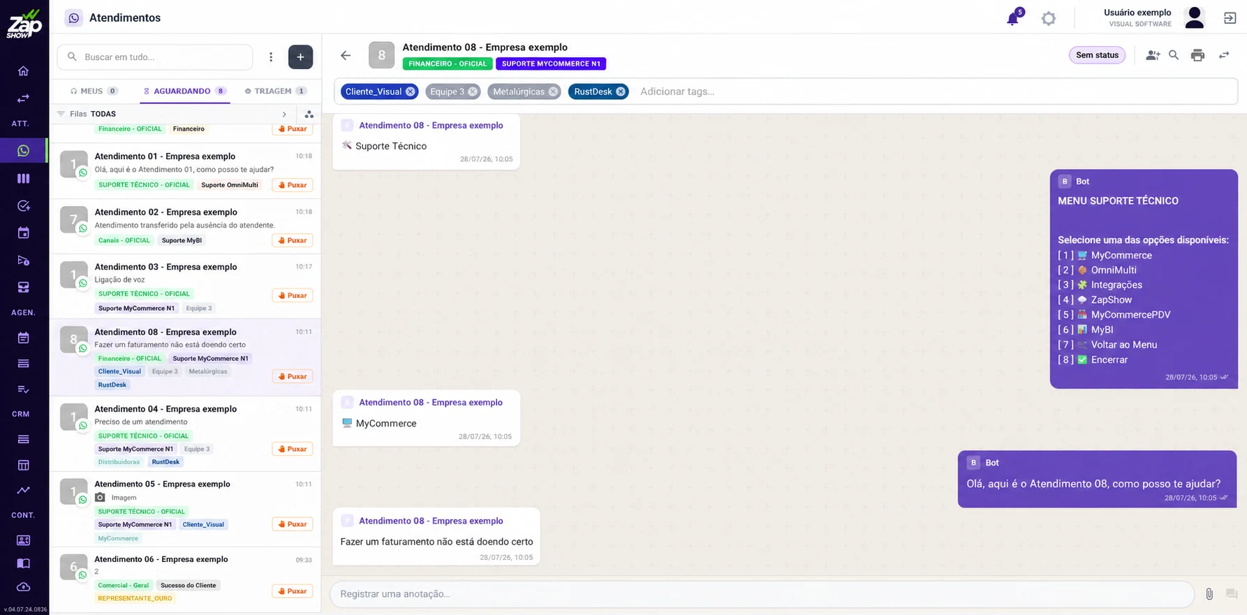 Tela do ZapShow com filas, etiquetas, departamentos e atendimento pelo WhatsApp