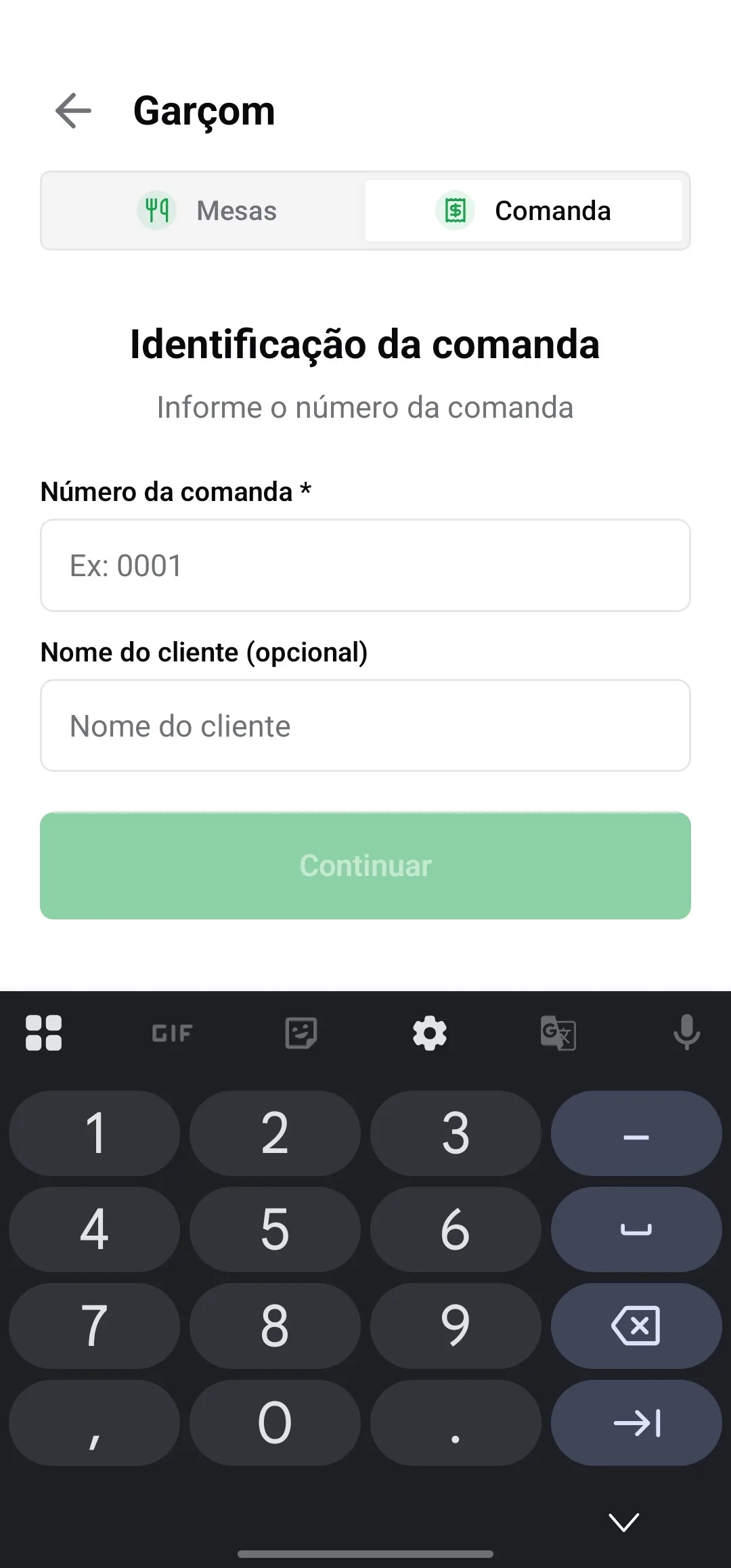 App do Garçom, tela 1